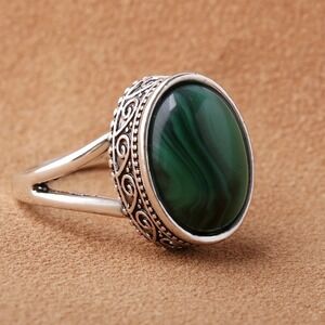 Malachite Oval Statement Ring Size 7 Green Stone Silver Tone Boho Jewelry
